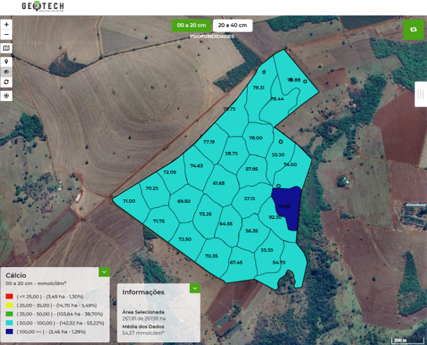 Detailed satellite view of farmlands showing varying soil types