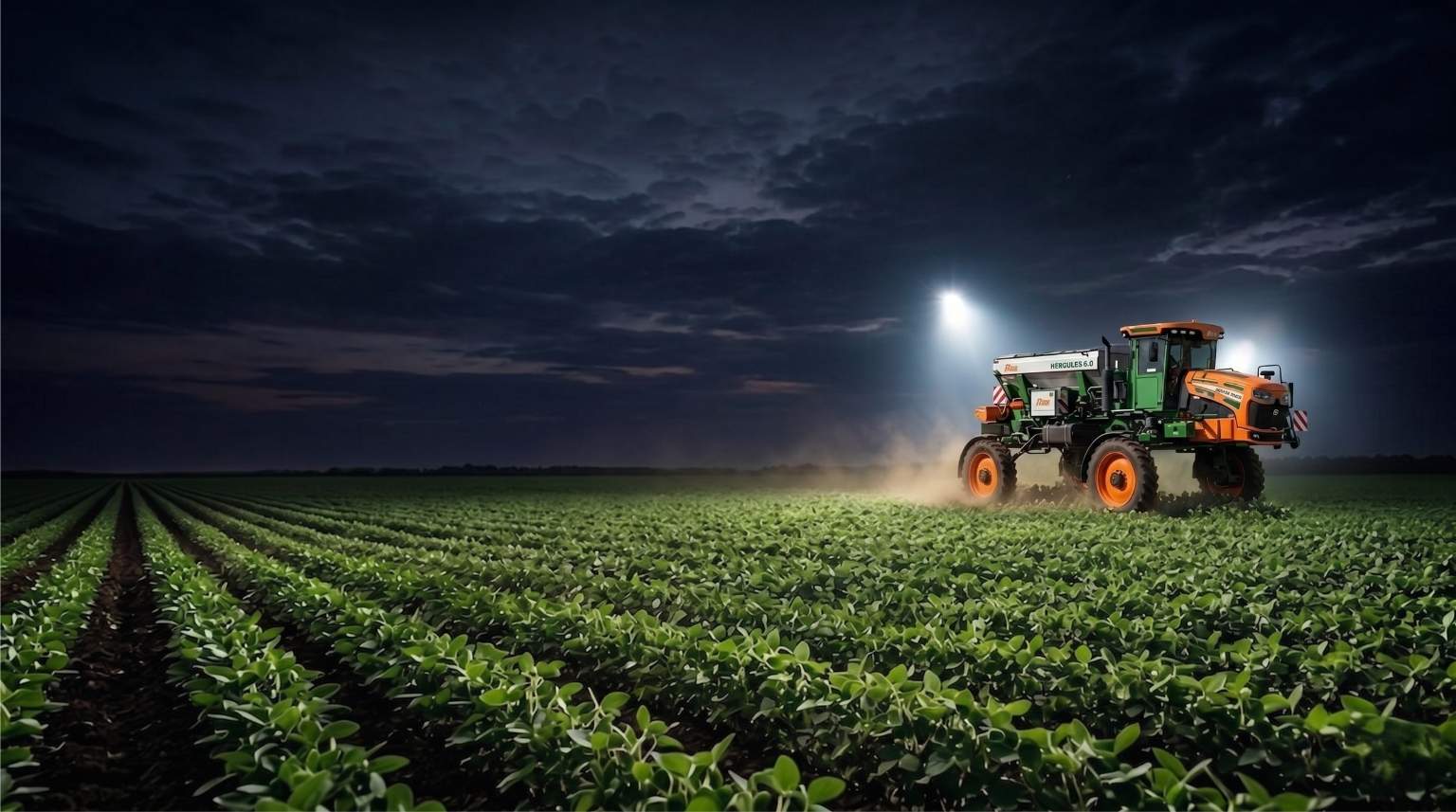 Dark, cinematic wide shot of agricultural machinery working in a field at night under spotlights